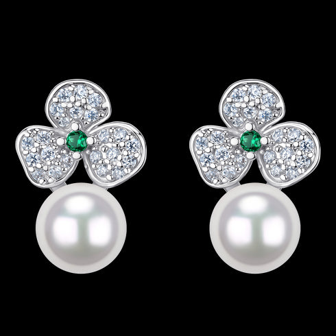 8-9mm White Akoya Pearl Zirconia Shamrock Earrings